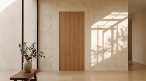 Minimalist interior oak door flush with warm limestone walls in morning light.
