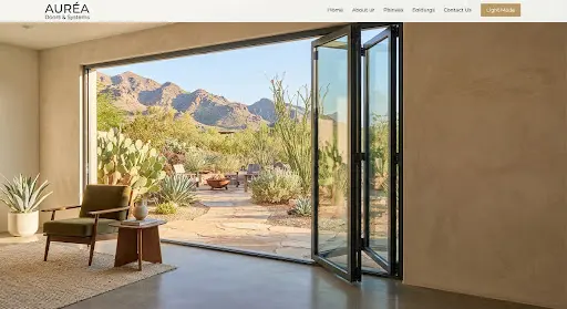 Fluted glass pivot door in slender bronze framing across a serene living space.