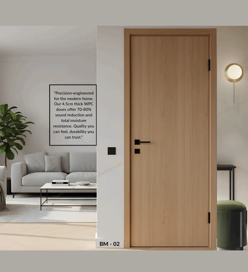 Light oak interior WPC door with matte black hardware in a modern living space.